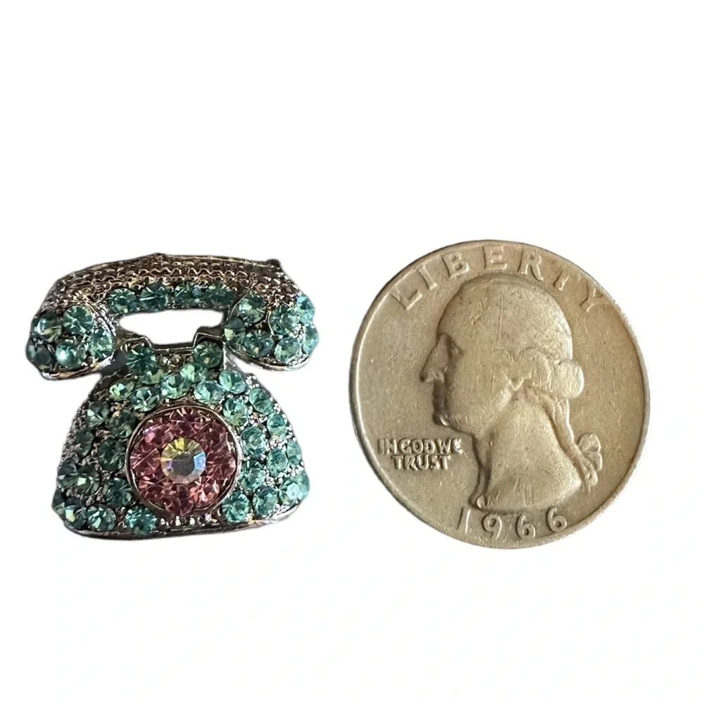 Retro Telephone Brooch Rhinestone Pin Blue Pink Rotary Dial Vintage Style Phone
